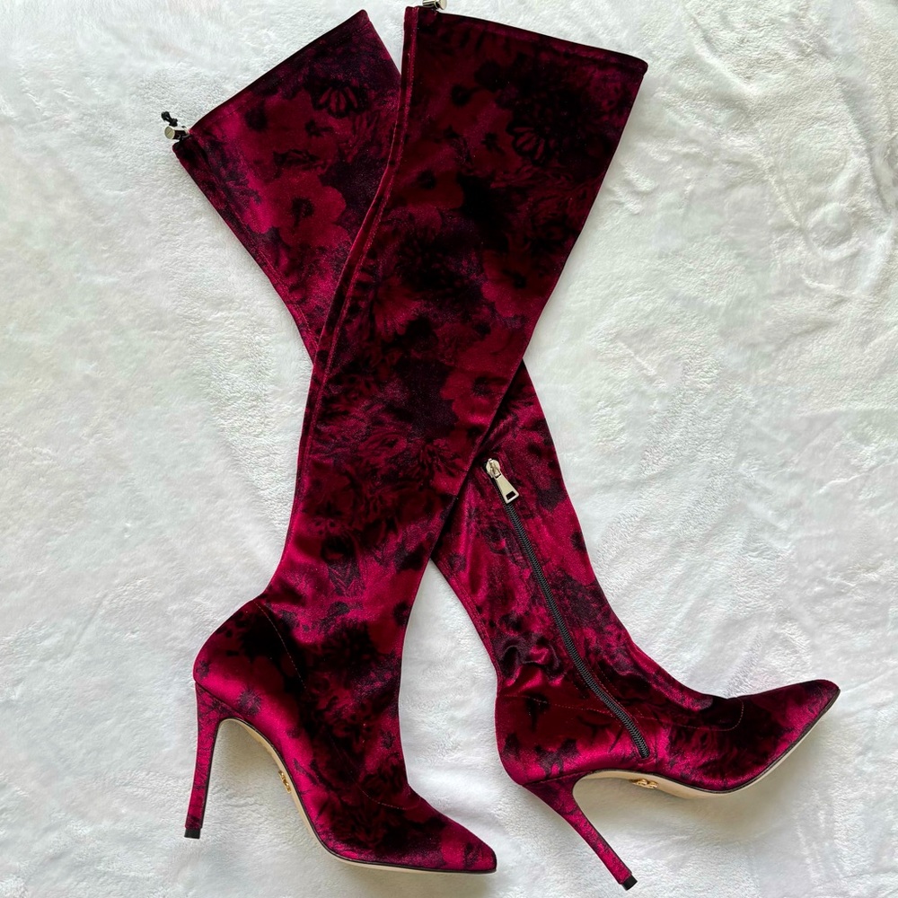 BEAUTIISOLES Mariana Over-The-Knee Red Floral Velvet Stiletto Boot--NEW-…